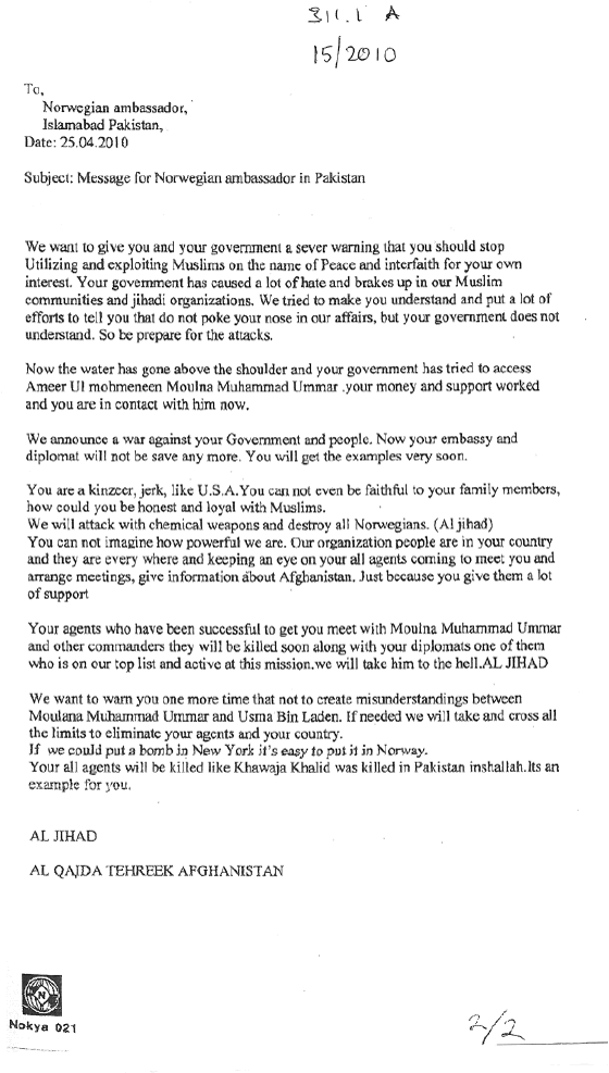 Figur 9.3 I april 2010 mottok ambassaden i Islamabad dette trusselbrevet undertegnet «al-Qaida-bevegelsen i Afghanistan». I brevet truer gruppen Norge med en grusom hevn dersom Norge ikke slutter å forsøke å skape «misforståelser» mellom Mulla Omar (Moulna Muh...