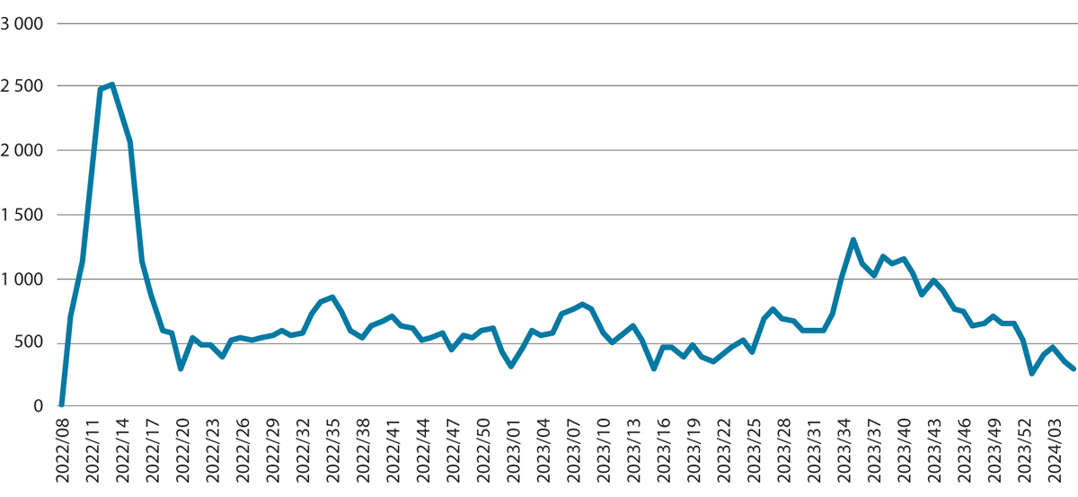 Figur 3.1 Søknader om kollektiv beskyttelse per uke, uke 8 2022–uke 5 2024.