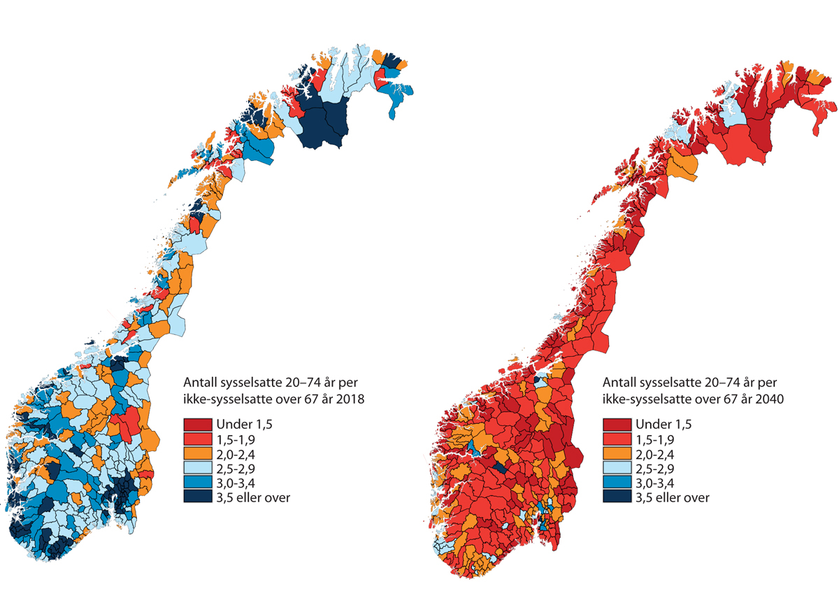 Figur 2.2 Andel sysselsatte 20–74 år per antall ikke-sysselsatte over 67 år i 2018 og 2040