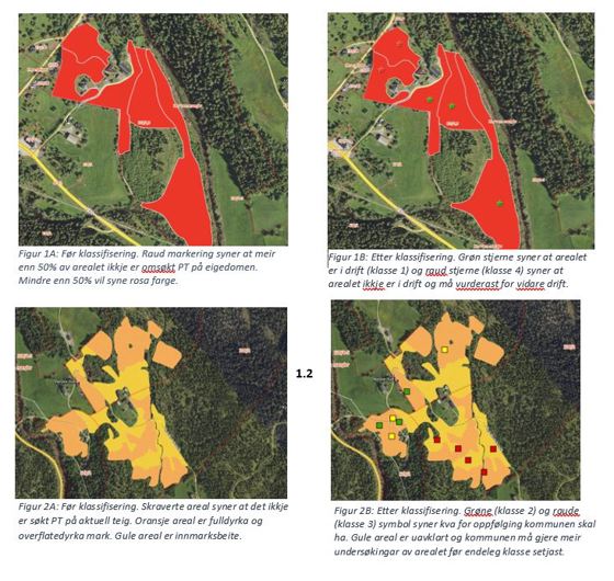 Areal ute av drift i NIBIO si kartløysing, syner før og etter klassifisering.