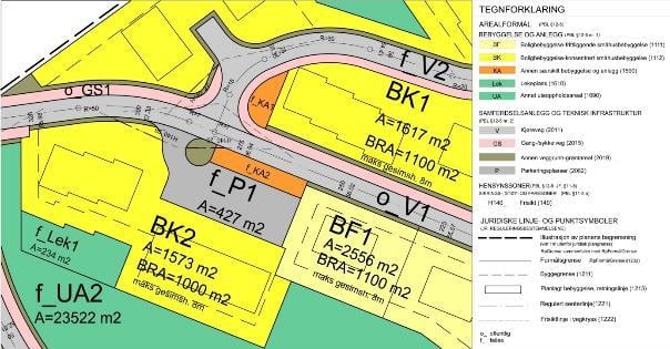 Utsnitt av plankart og eksempel på bestemmelser hjemlet i pbl. § 12-7 punkt 5.