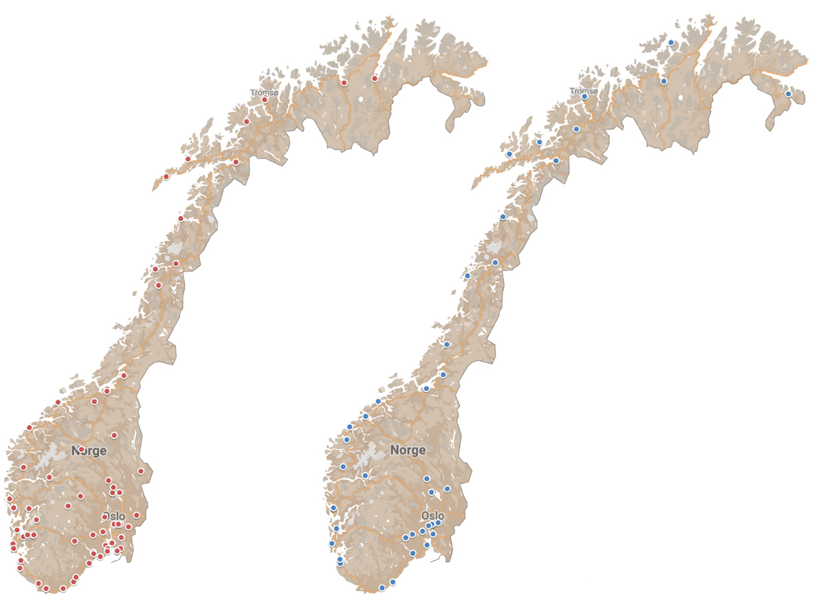 Figur 10.6 Kart over fagskoler (venstre kart) og universiteter og høyskoler (høyere kart) som tilbyr utdanninger innen helsefag. 2022
