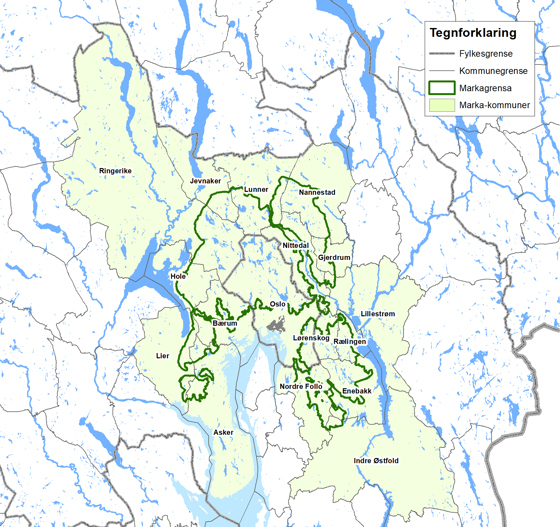 Kart over kommuner som har skog som omfattes av Skoglovas markaforskrift, markert med lys grønt.