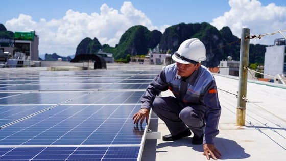 Man in work clothes huddles next to solar panels.