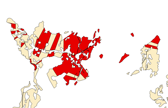 Kartet viser jordbruksareal i eit område.