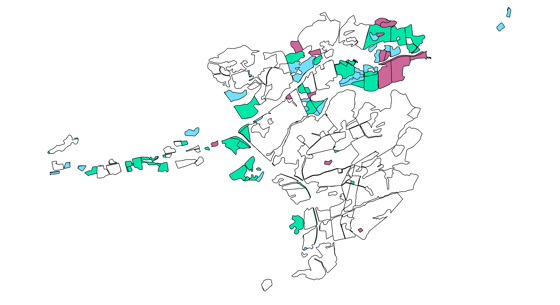 Kartet viser registrert jordbruksareal i ein kommune.