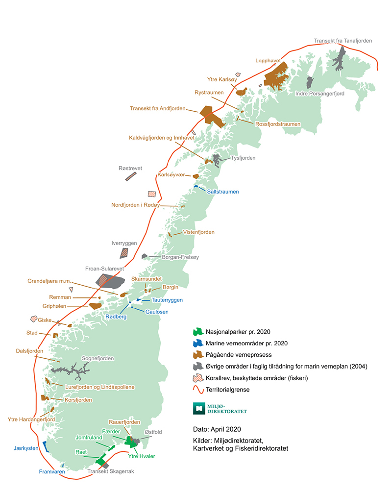 Figur 7.7 Kart over eksisterende og planlagte marine verneområder, og marine beskyttede områder.
