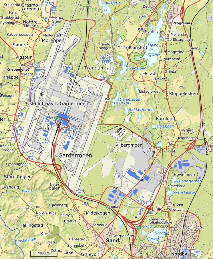 Kart som viser Oslo lufthavn og tilgrensende områder