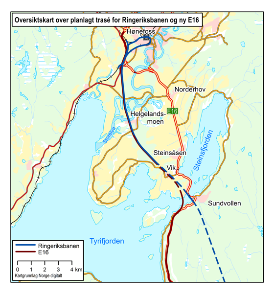 Oversiktskart ny Ringeriksbane og E16