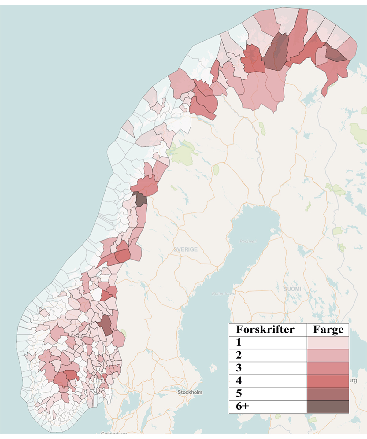 Figur 9.5 Antall kunngjorte kommunale forskrifter med hjemmel i motorferdselloven per 22. februar 2024.