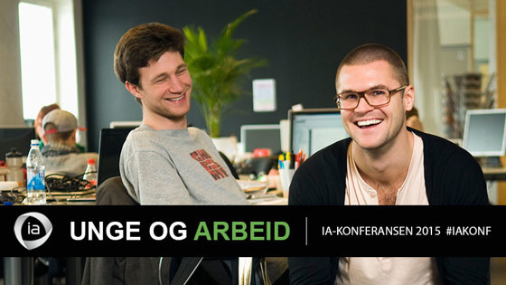 Bilde av to unge menn på en arbeidsplass. Banner tittelen på IA-konferansen 2015 - unge og arbeid