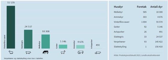 Tal og fordeling av ulike husdyrslag i Møre og Romsdal, 2023.