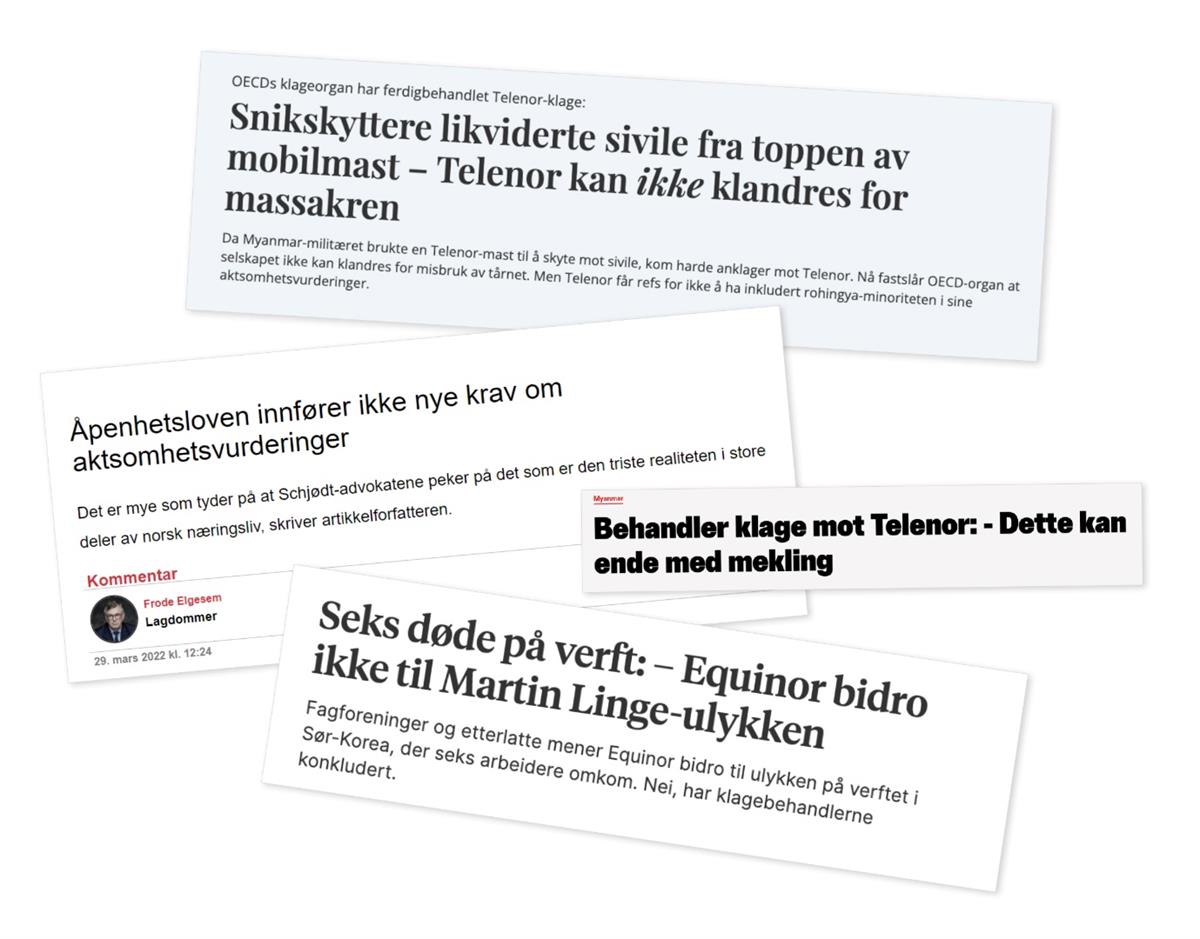 Bilde av fire titler knyttet til medieomtale av Kontaktpunktet. Titlene er som følger:

Snikskyttere likviderte sivile fra toppen av mobilmast – Telenor kan ikke klandres for massakeren.

Åpenhetsloven innfører ikke nye krav om aktsomehtsvurderinger.

Behandler klage mot Telenor: – Dette kan ende med mekling.

Seks døde på verft: – Equinor bidro ikke til Martin Linge-ulykken.