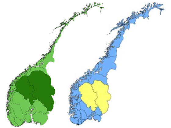 Fylkesstørrelse etter avvirket volum og jordbruksareal.