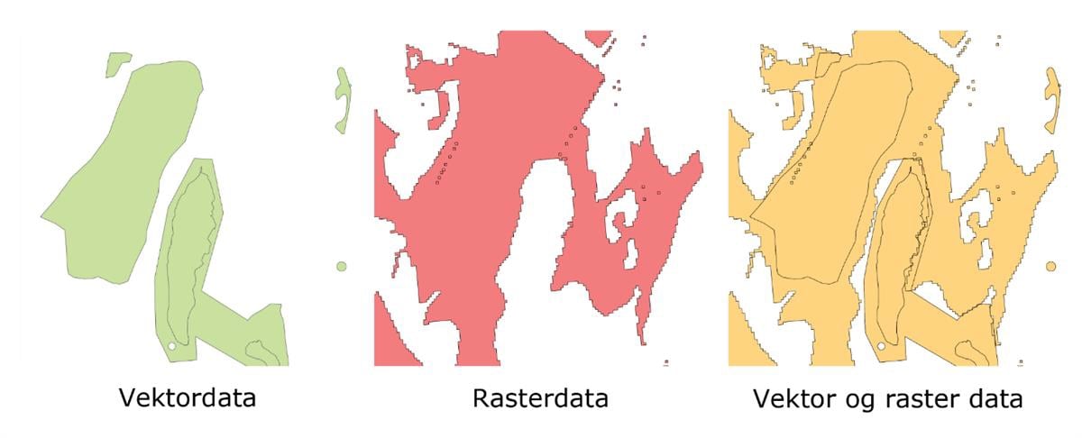 Eksempler på vektor- og rasterdata og kombinasjon av disse.