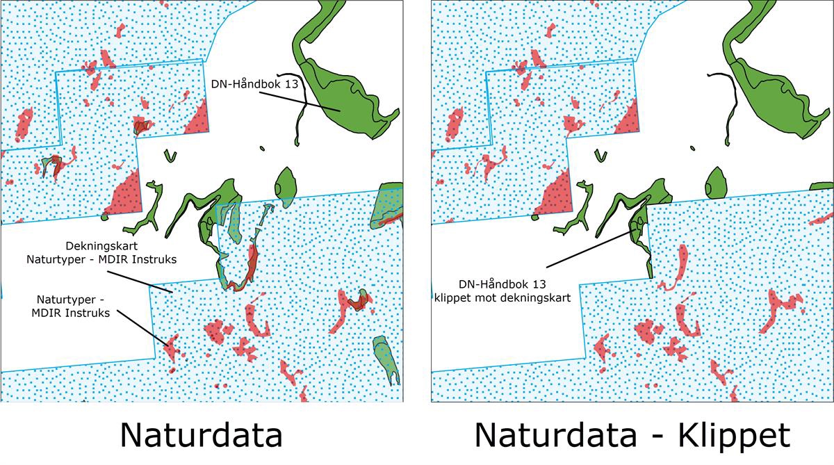 Kartet til venstre viser datasettet DN-håndbok 13 før det er klippet mot dekningskartet til datasettet Naturtyper – Miljødirektoratets instruks. Kartet til høyre viser resultatet av klippingen.