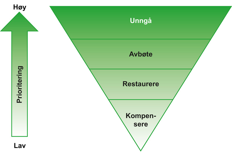Figur 11.7 Hierarkisk fremstilling av tiltak for å unngå negativ påvirkning ved utbyggingsprosjekter
