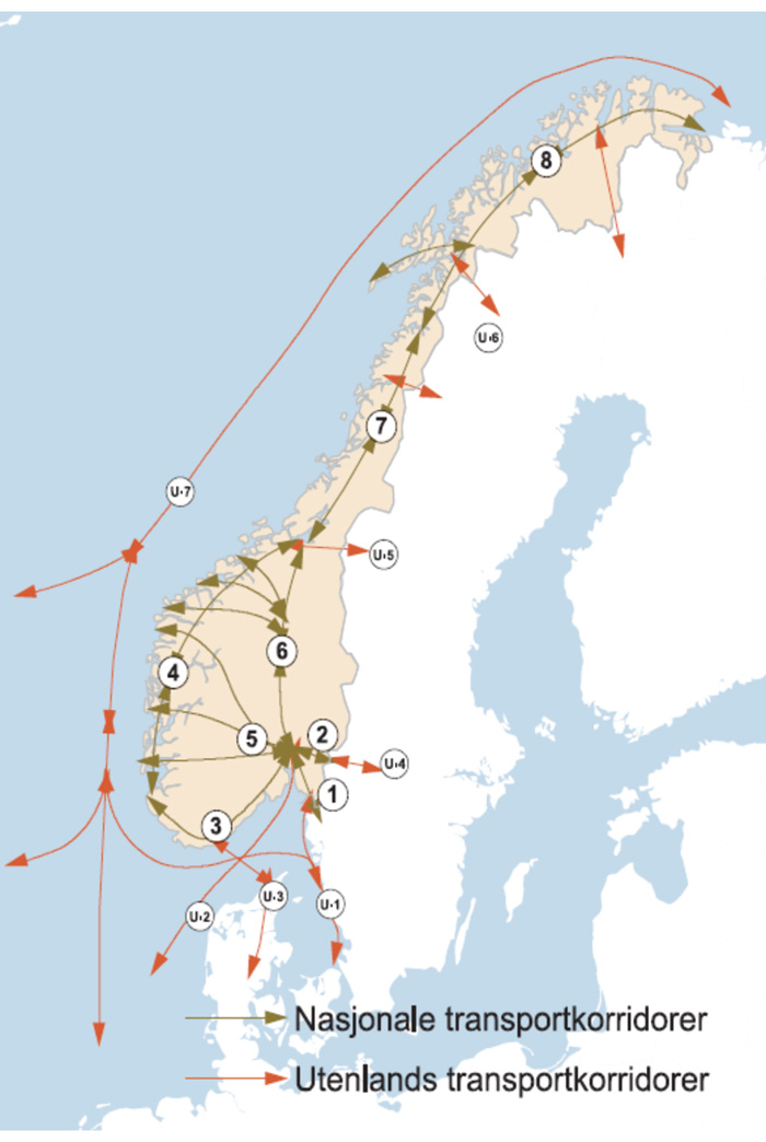 Figur 13.1 Kart med framstilling av korridorene og utenlandskorridorene
