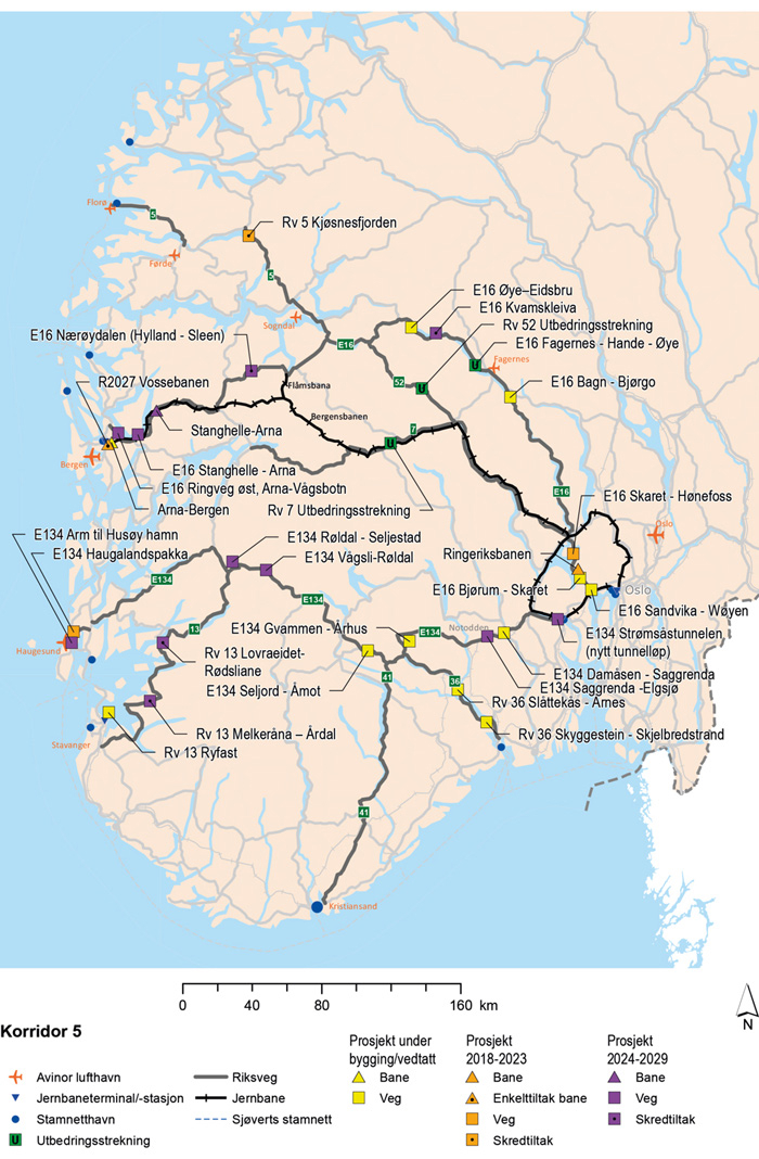 Figur 13.14 Investeringsprosjekter i korridor 5

