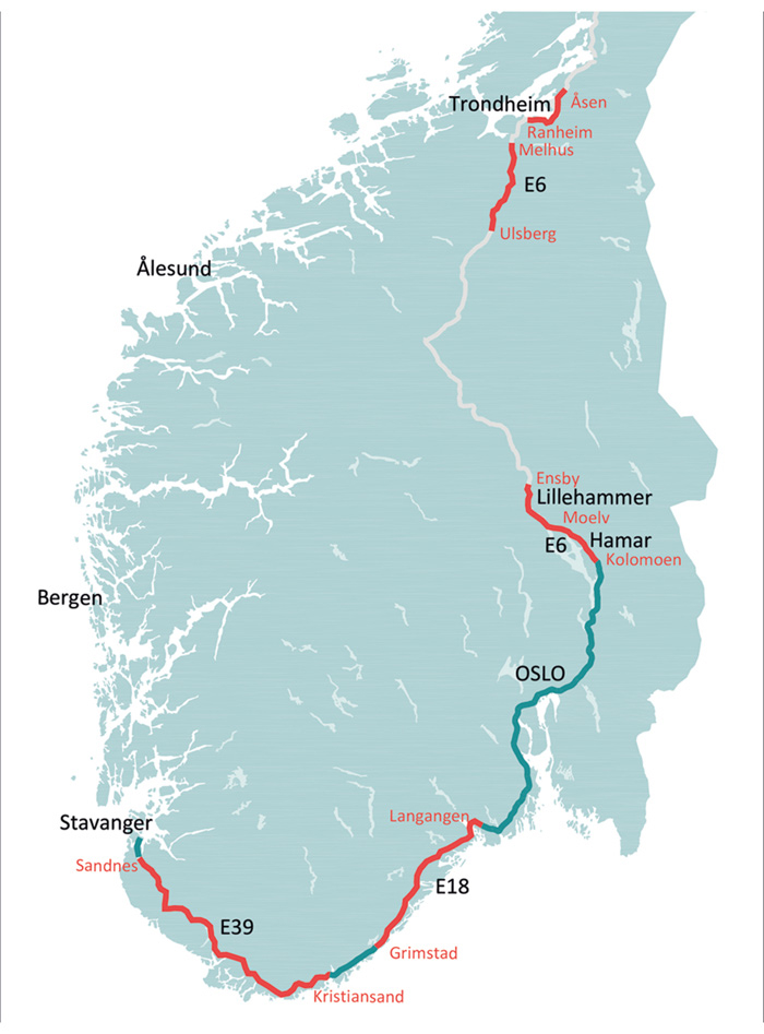 Figur 13.5 Oversiktskart over utbyggingsstrekningene til Nye Veier AS