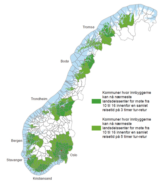 Figur 6.1 Kartfigur over reisetid til landsdelssenter
