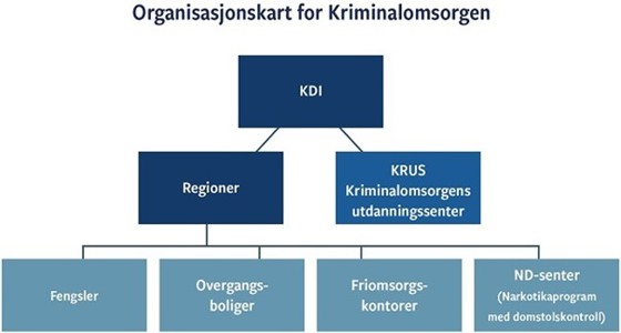 Organisasjonskart med bokser fordelt over tre nivåer