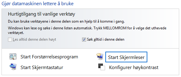 Aktivering av windows skjermleser