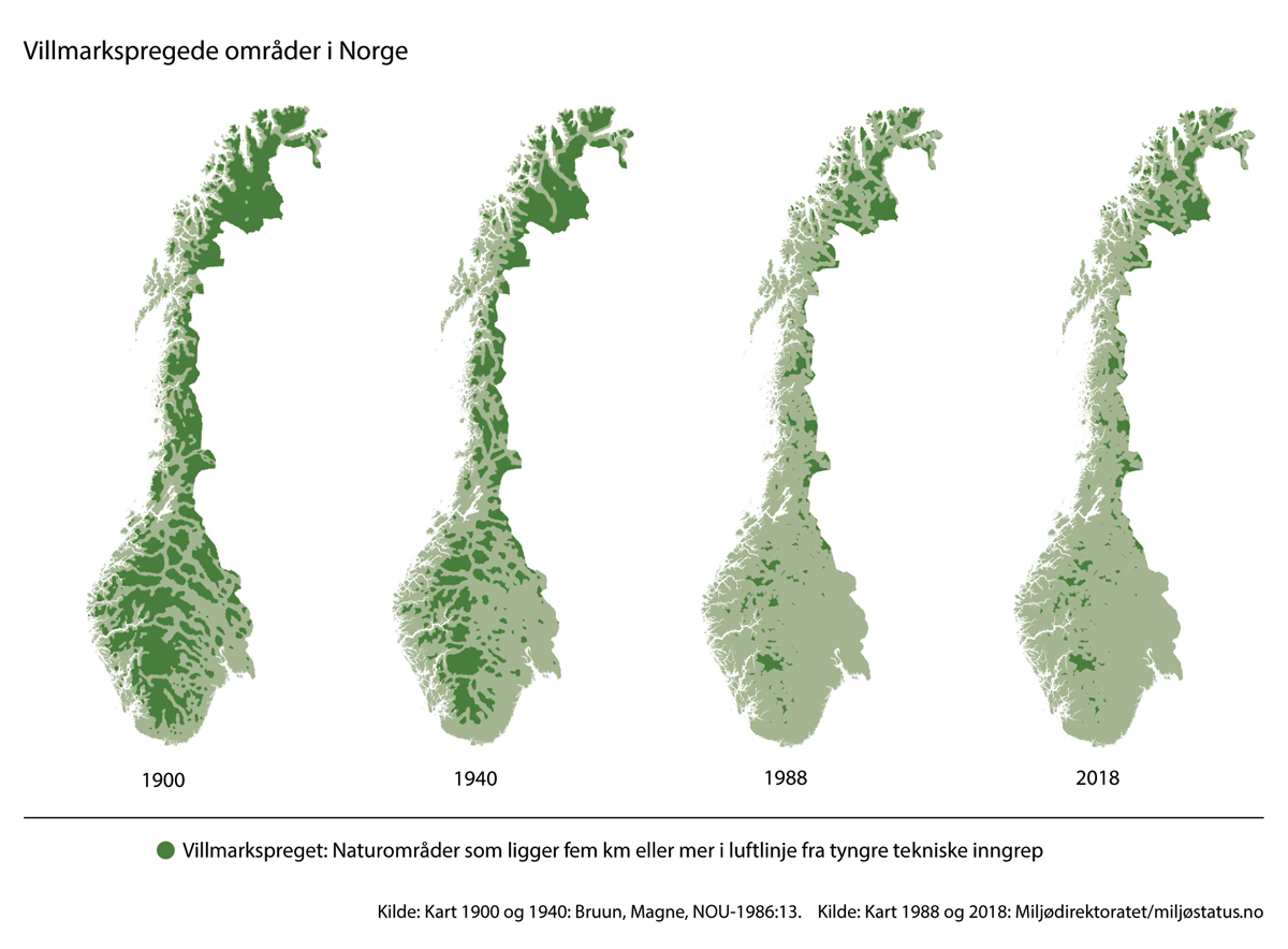 Figur 3.11 Villmarkspregede naturområder (områder som ligger fem km eller mer i luftlinje fra tyngre tekniske inngrep)