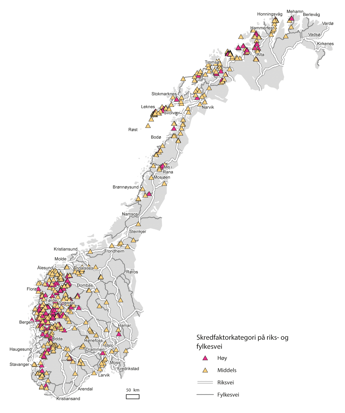 Figur 13.4 Kart over skredpunkter med høy og middels skredfaktor