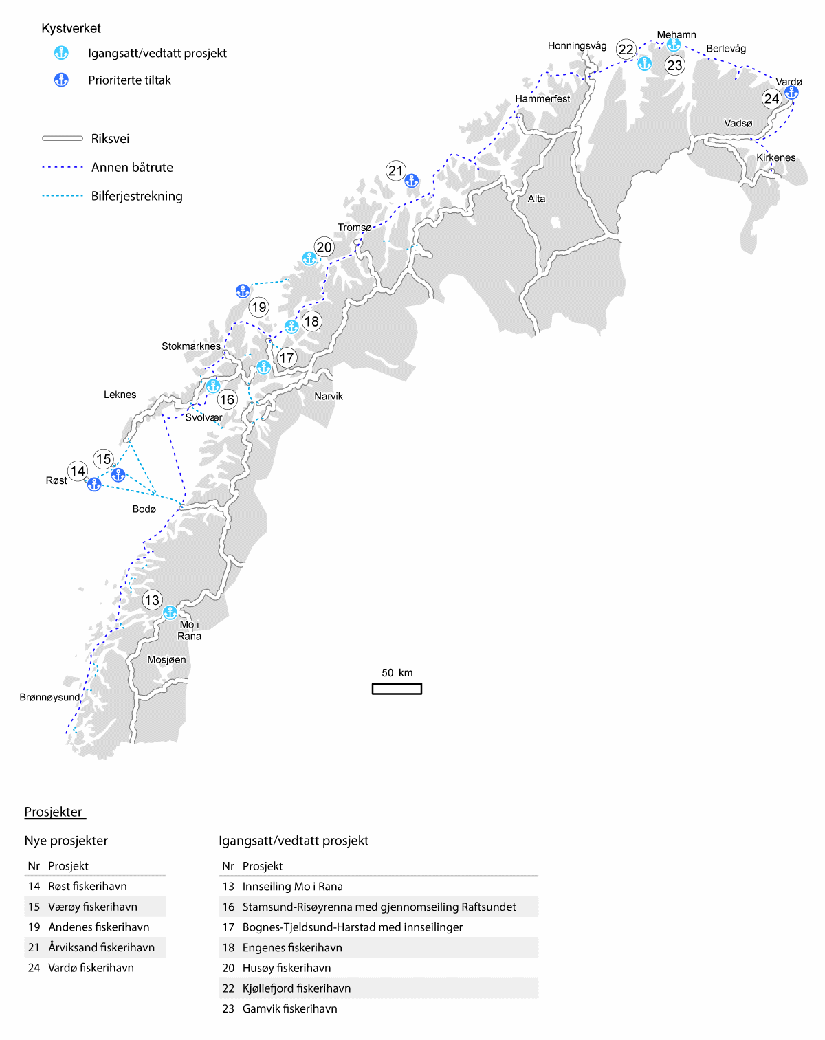 Figur 15.3 Kart over kysttiltak i Nord-Norge