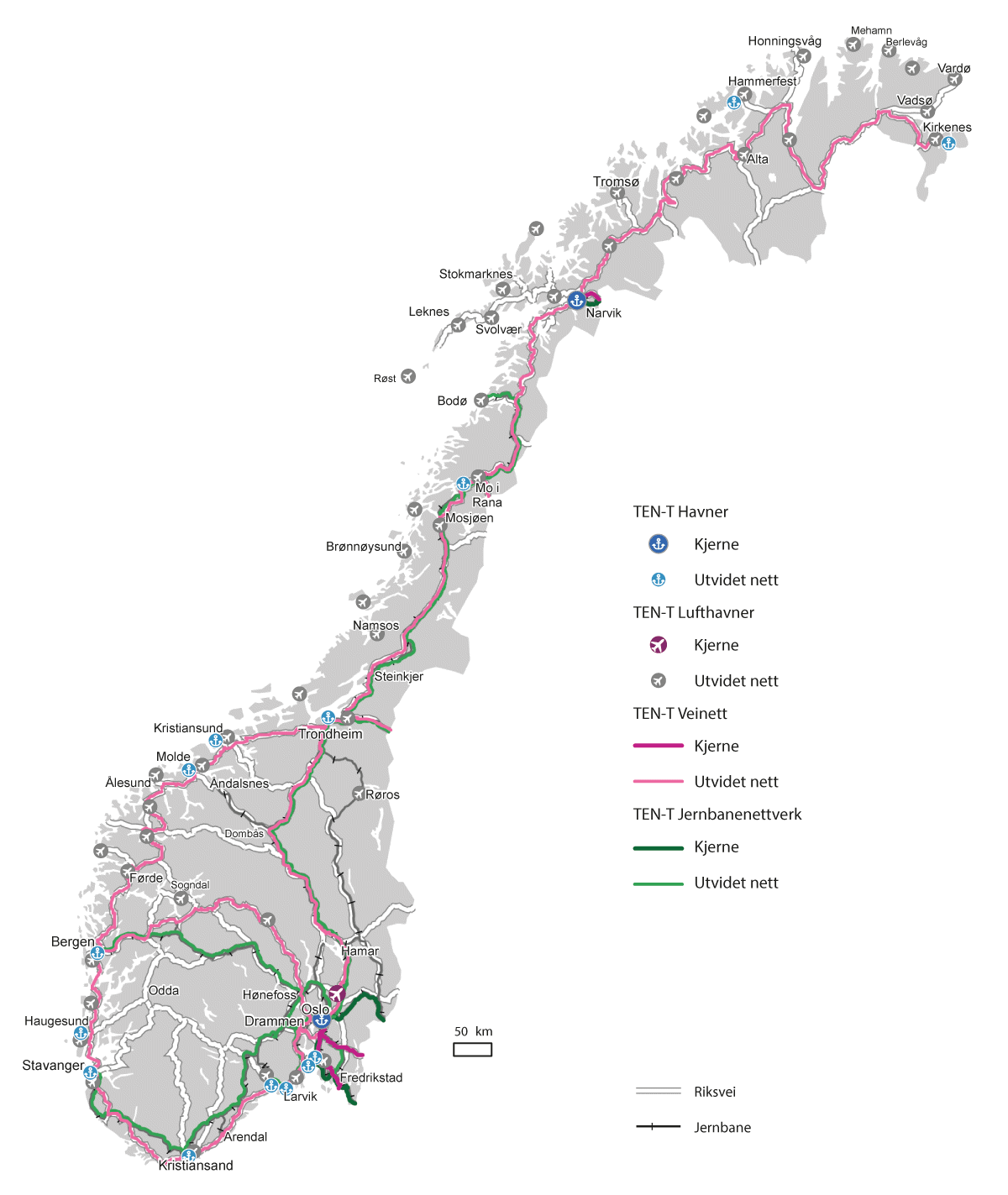 Figur 2.2 TEN-T kjernenettverk og utvidet nettverk for alle transportformer