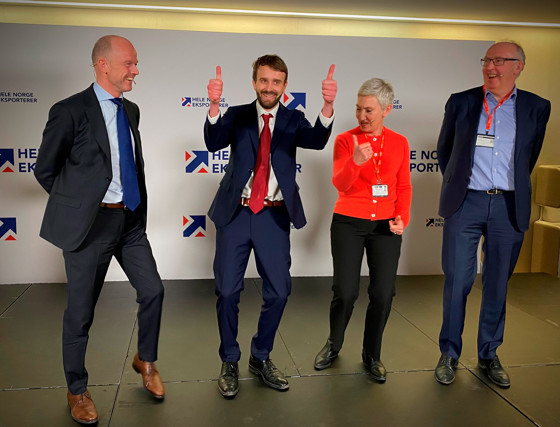 Administrerende direktør Ole Erik Almlid i NHO, næringsminister Jan Christian Vestre, Peggy Hessen Følsvik og Arvid Moss, leder for Nasjonalt Eksportråd.