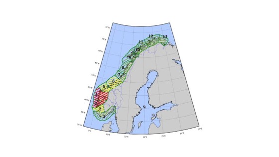 Kart med fargelegging av produksjonsområdene