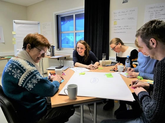 Fem personar saman om arbeidsoppgåver.