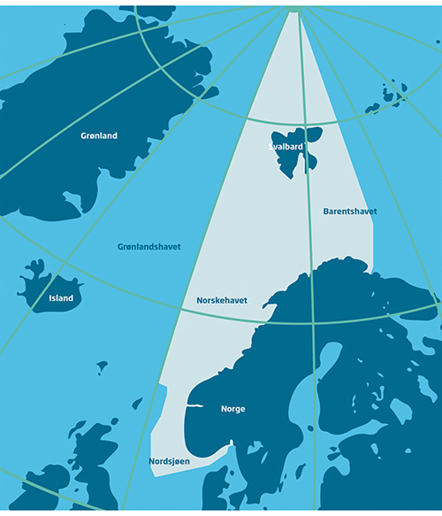 Figur 11.1 Illustrasjon av det norske redningsansvarsområdet til havs.
