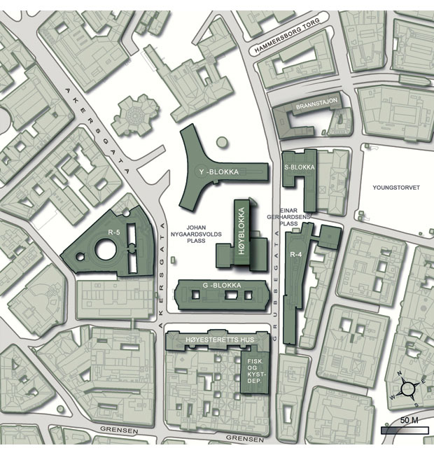 Figur 18.1 Kart over regjeringskvartalet og området rundt.