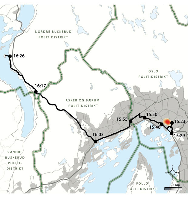 Figur 2.5 Gjerningsmannens reiserute fra Oslo til Utøya.