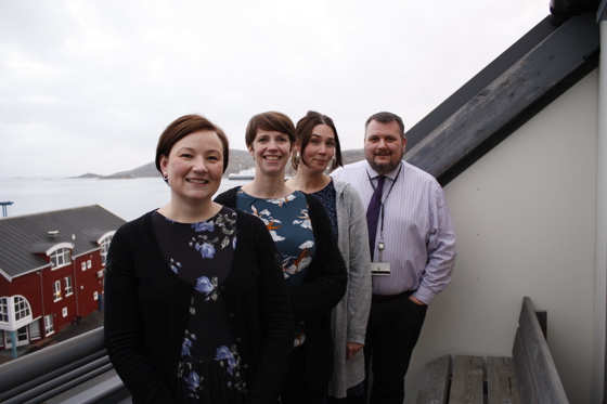 Fylkesmannen i Nordland sin prosjektgruppe for Inn på tunet: f.v. Ingrid Roaldsen (landbruks- og reindriftsavdelinga), Julie Tangen (helse- og omsorgsavdelinga), Heidi Bolte (sosial- og vergemålsavdelinga), og Eirik Arntsen (oppvekst og utdanningsavdelinga).