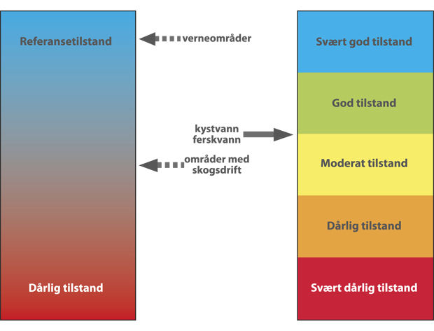Figur 4.9 Illustrasjon på forskjell mellom forvaltningsmål (pilene) og referansetilstand for ulike økosystem og geografiske områder.