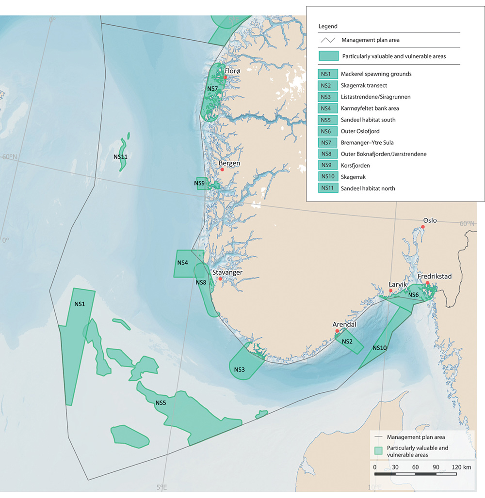 Figure 2.10 Particularly valuable and vulnerable areas in the North Sea–Skagerrak management plan area.
