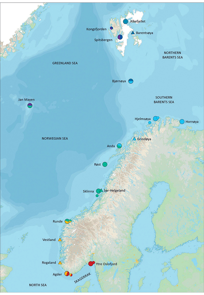 Figure 2.17 The key sites used by the SEAPOP programme. The colours of the symbols indicate the seas the different sites represent: the northern Barents Sea (dark blue), the southern Barents Sea (light blue), the Norwegian Sea (green), the North Sea (orange) and...