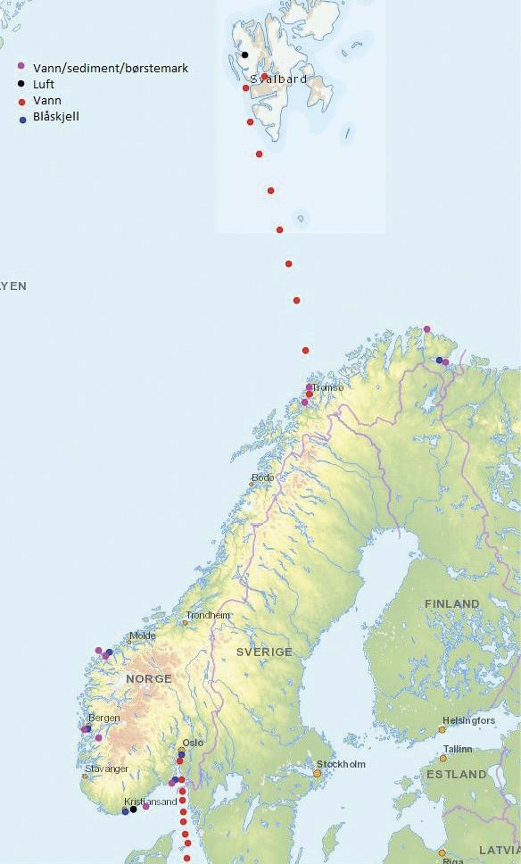 Overvåkningspunkt for mikroplast i 2021. Kartet er frå Vannmiljø, kilde: Miljødirektoratet