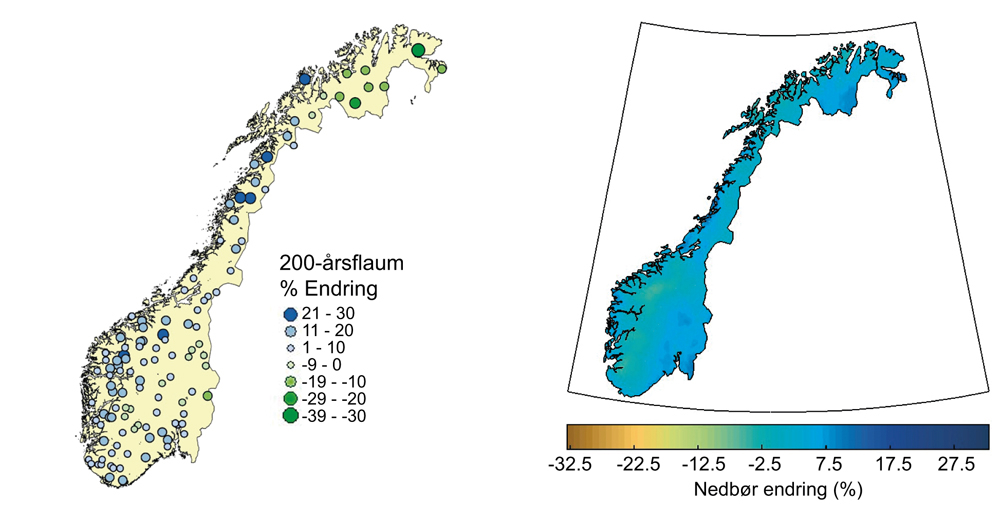 Figur 2.13 Forventa endring i flaum og nedbør 2031–2060.