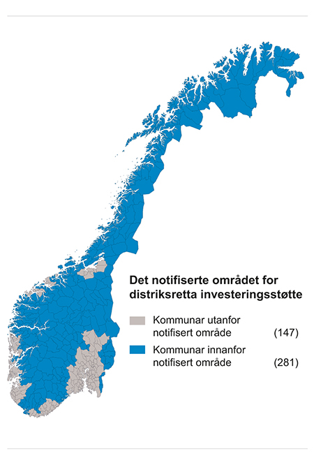 Figur 6.1 Kart over det notifiserte området for distriktsretta investeringsstøtte.
