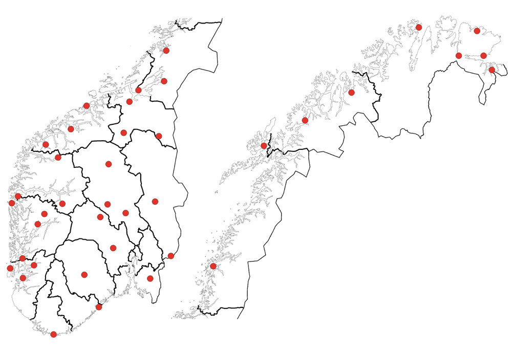 Figur 6.6 Kart over næringshagar som mottek støtte frå Siva.
