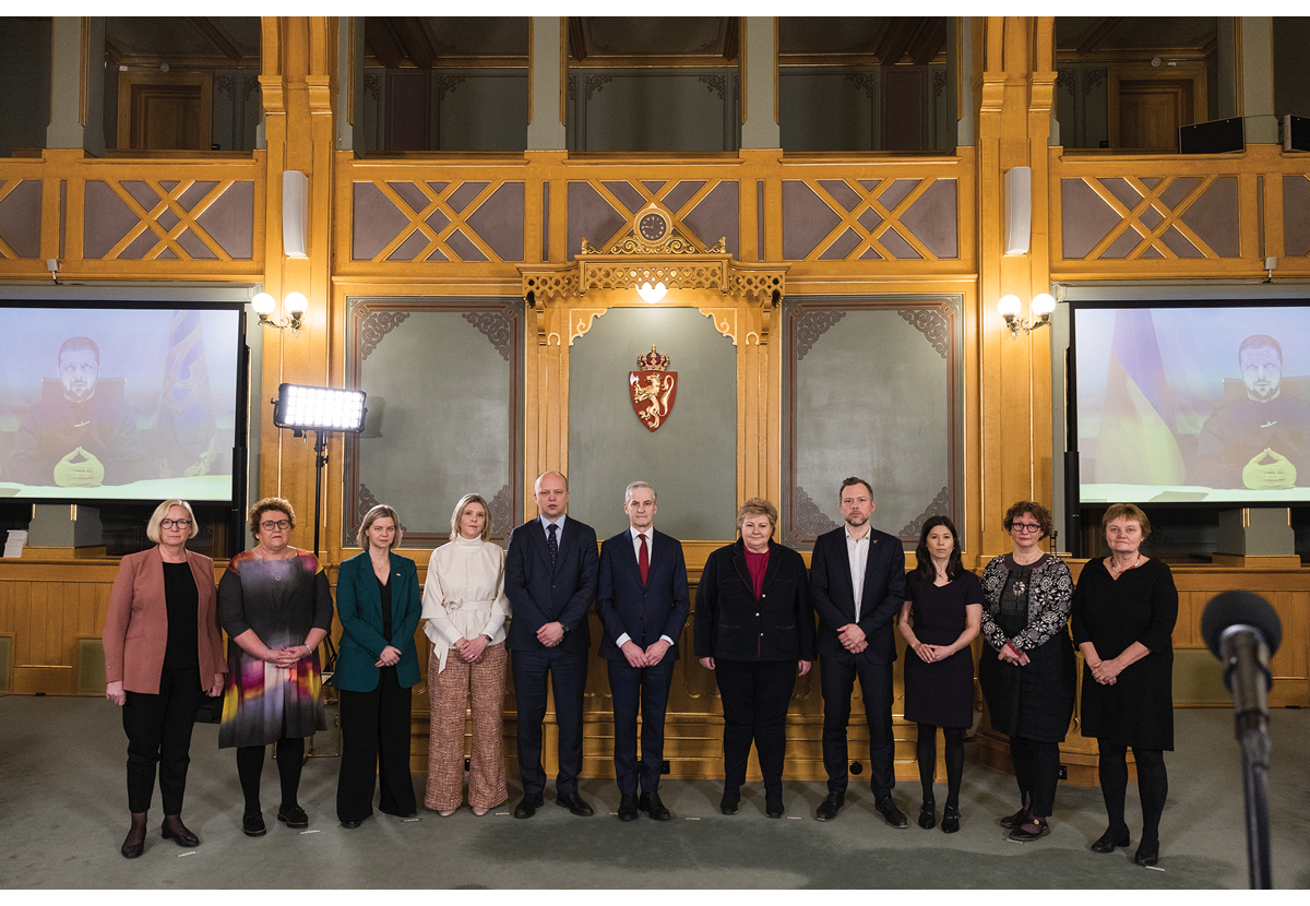 Figur 3.1 Nansen-programmet ble lansert i Stortinget 16. februar 2023. Ukrainas president Volodymyr Zelenskyj deltok via videolink.