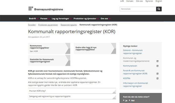 Skjermbilde av nettsiden Kommunalt rapporteringsregister