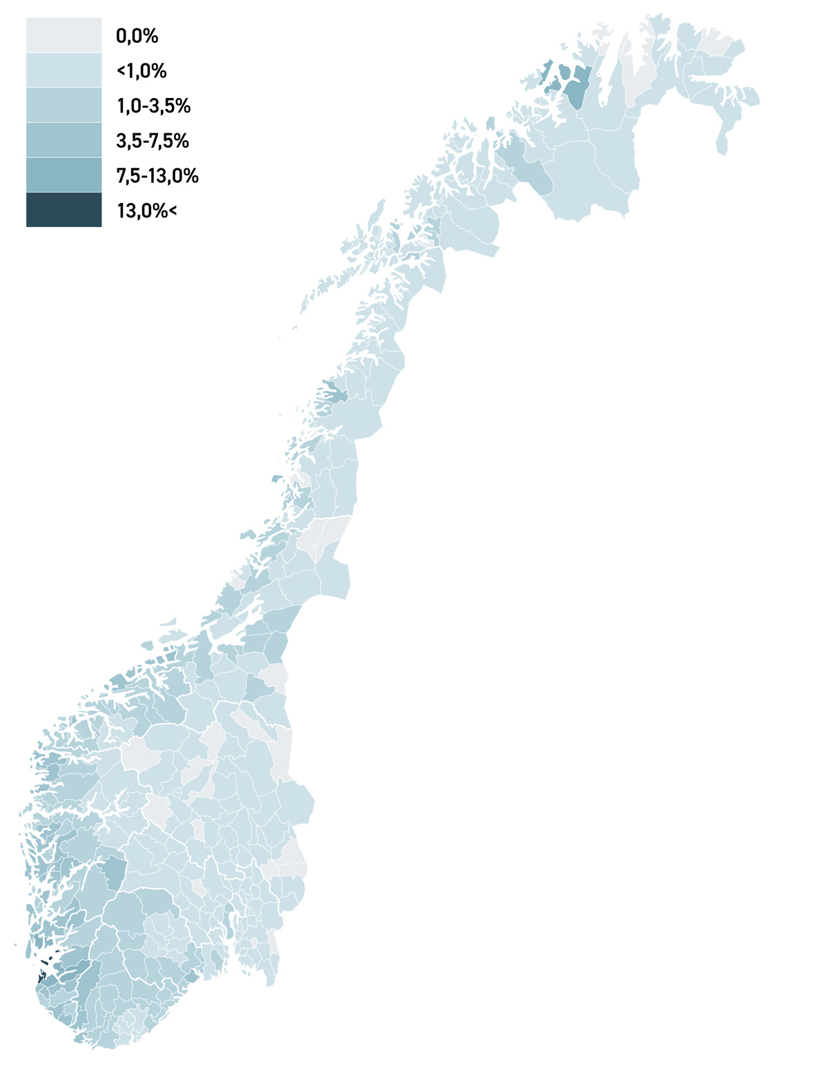 Figur 3.10 Sysselsetting i petroleumsvirksomheten, direkte sysselsatte som andel av totalt antall sysselsatte i bostedskommunen.
