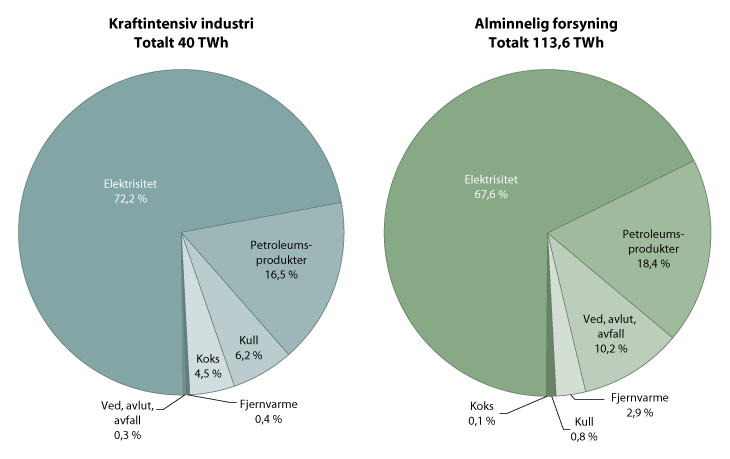 Figur 12.1 Stasjonær innenlands energibruk (uten forbruk i energisektoren), kraftintensiv industri og alminnelig forsyning, fordelt på energibærere, 2009.