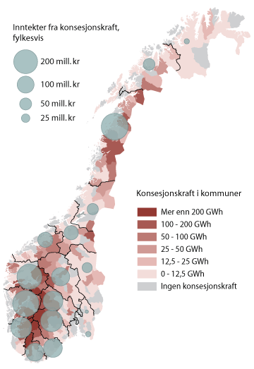 Figur 6.7 Geografisk fordeling av konsesjonskraften, 2009 